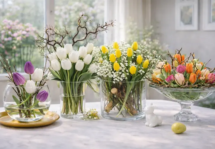 Frische Tulpenarrangements in Weiß, Gelb und bunten Frühlingsfarben. Tolle tulpen deko ideen für Ihr Zuhause.