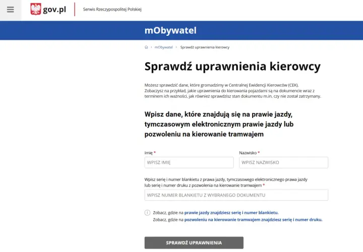 Formularz do sprawdzenie uprawnień kierowcy. Wpisz dane z prawa jazdy lub pozwolenia na tramwaj, aby sprawdzić ich ważność.