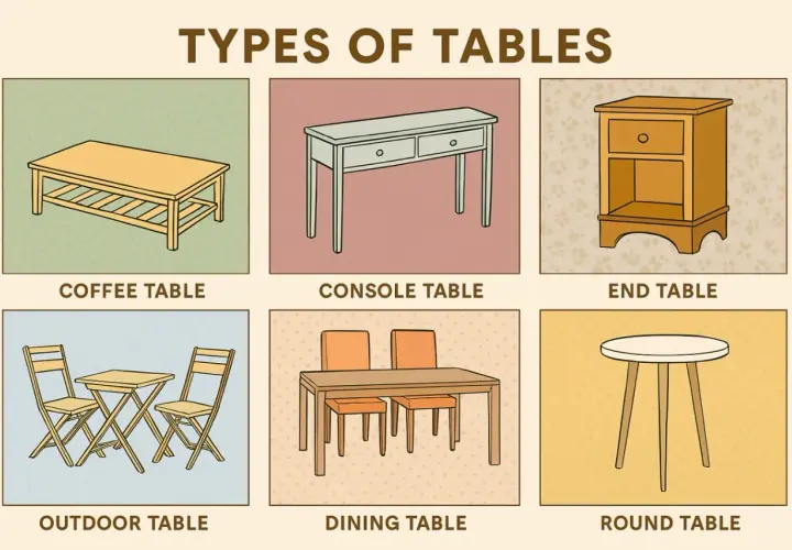 Illustrations of various dining table types and other tables, including coffee, console, end, outdoor, and round tables.