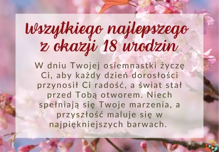 Życzenia na 18 urodziny z podziękowaniami dla rodziców. W tle kwitnące drzewo wiśni.