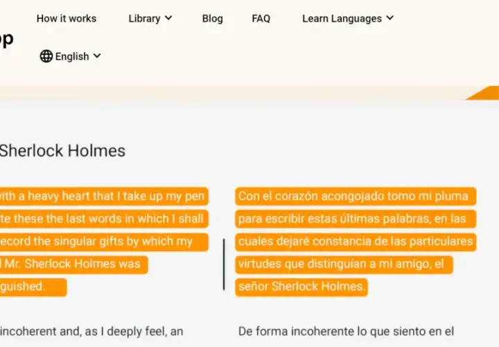 Aplikacja Beelinguapp ułatwia czytanie po angielsku, prezentując tekst Sherlocka Holmesa w dwóch językach.