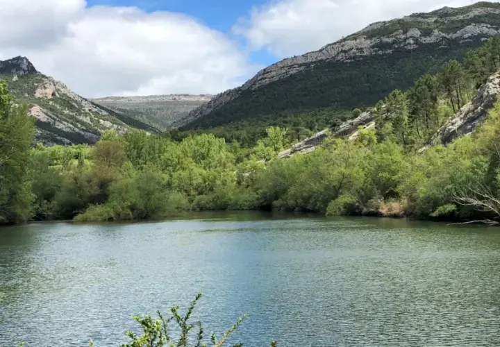 Un río serpentea entre montañas verdes y frondosos árboles. El cielo azul con nubes blancas corona el paisaje, invitando a recorrer sus gr 99 etapas.