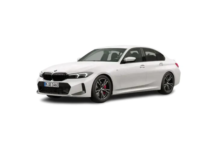Białe BMW 318i z czarnym grillem i felgami, z czerwonymi zaciskami hamulcowymi.