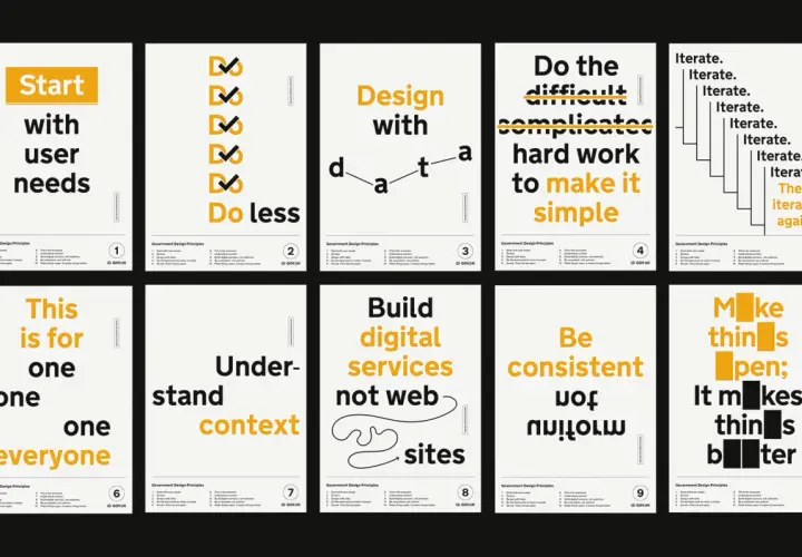 Government design principles posters: Start with user needs, Do less, Design with data, Make it simple, Iterate, This is for everyone, Understand context, Build digital services, Be consistent, Make things better. These service values guide better design.