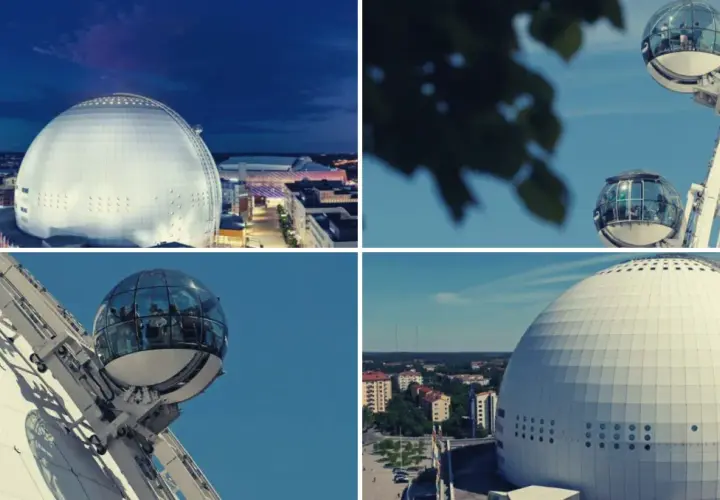 Avicii Arena Stockholm, en ikonisk sfärisk byggnad, med dess glasgondoler som klättrar längs fasaden.