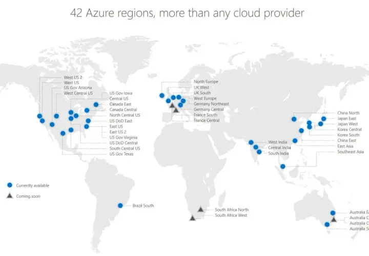 Carte mondiale des 42 régions Azure de Microsoft, incluant des data centers en Amérique du Nord, Europe, Asie et Australie.