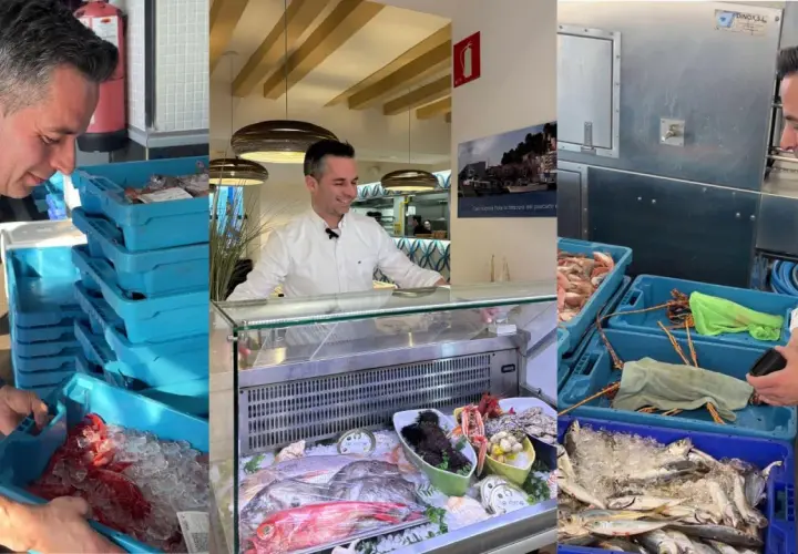 Hombre revisa cajas de pescado fresco, parte de la pesca trasmallo, listo para exhibir en el restaurante.