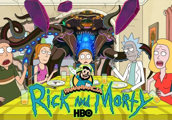 Rodzina Smithów przy stole, a za nimi potworne istoty z kosmosu. Rick Sanchez i Morty Smith w centrum, jak zawsze w centrum kosmicznych przygód.