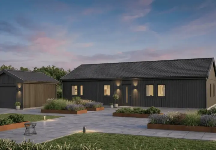 Modernt mörkt hus med garage och vackra planteringar. Drömmen om att bygga hus billigt blir verklighet med denna stilrena design.