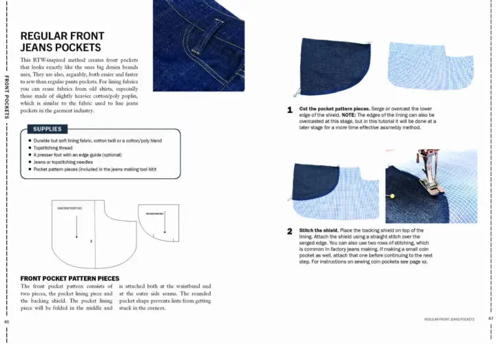 Free jeans sewing pattern for regular front pockets. Includes supplies and pattern pieces for a professional finish.