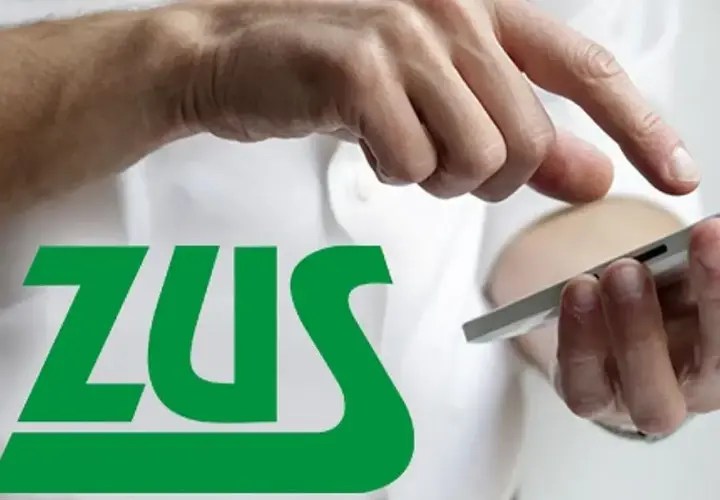 Dłonie korzystają ze smartfona na tle logo ZUS. Możliwość sprawdzenia statusu wniosku o dożywotnią rentę wypadkową.