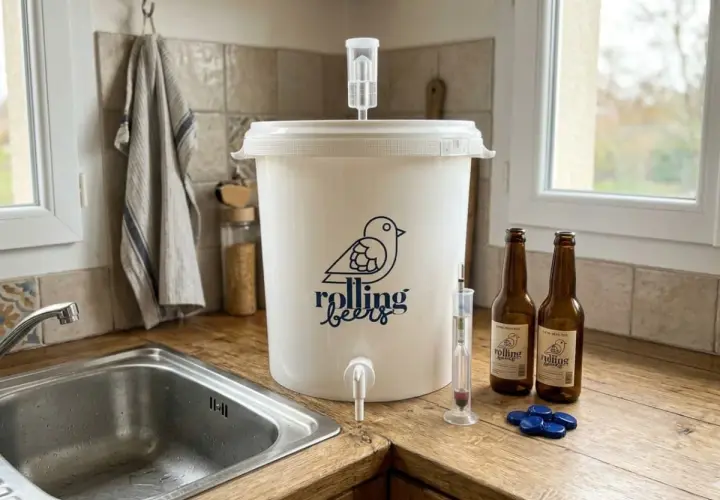 Kit pour la fabrication bière artisanale : cuve de fermentation, densimètre, bouteilles et capsules.
