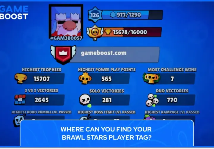 Statystyki gracza w Brawl Stars: 15707 trofeów, 2645 zwycięstw 3v3, 281 zwycięstw solo.