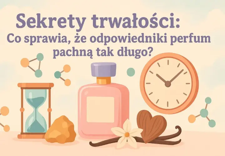 Klepsydra, zegar, butelka perfum i składniki zapachowe na tle chmur.
