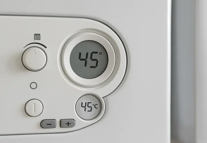 Panel sterowania kotła z wyświetlaczem 45°C. Dowiedz się, jak ustawić czujnik temperatury, korzystając z pokrętła i przycisków +/-.