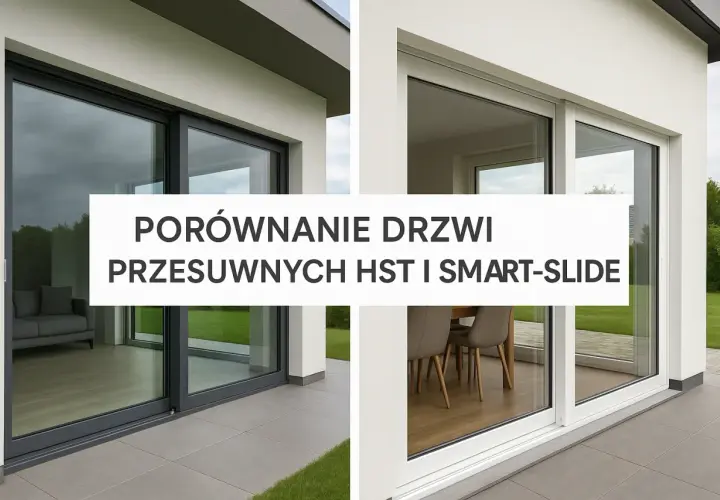 Porównanie drzwi przesuwnych HST i Smart-Slide. Eleganckie okno HST z szarą ramą i nowoczesne okno Smart-Slide z białą ramą.