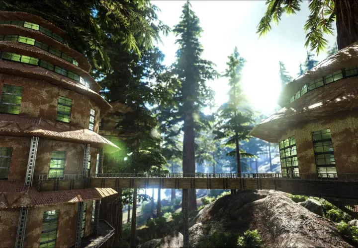 Wysokie, wielopoziomowe budowle w lesie, połączone mostem. Idealne dla graczy, którzy chcą poznać ark survival evolved wymagania.