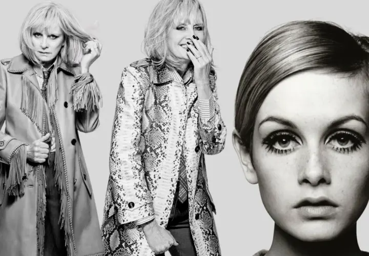 Tres imágenes de Twiggy: una con abrigo de flecos, otra con abrigo estampado y un primer plano icónico de su rostro.
