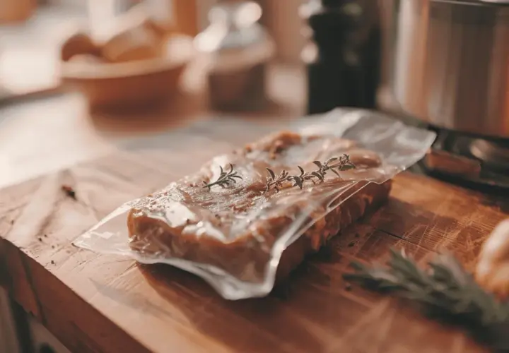 Mięso hermetycznie pakowane po terminie, z gałązką rozmarynu, leży na drewnianej desce.