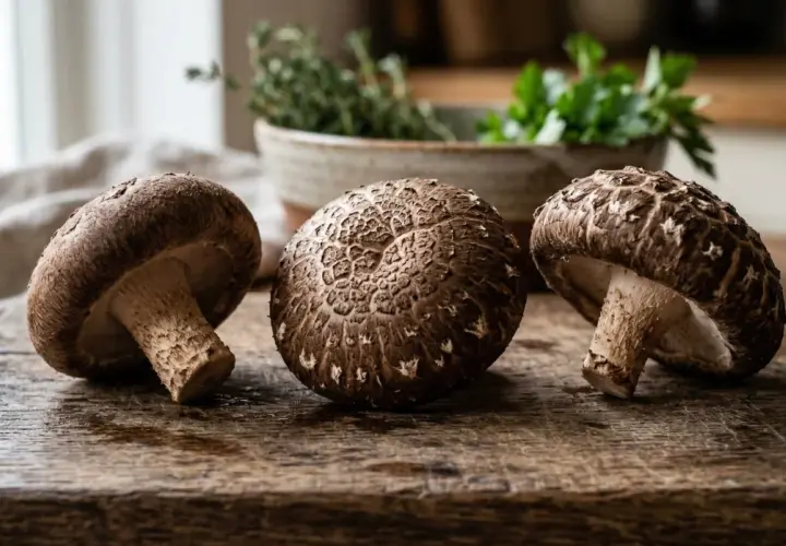 Trzy grzyby shiitake na drewnianej desce. To dowód, co to znaczy proteinowe – zdrowe i pyszne!