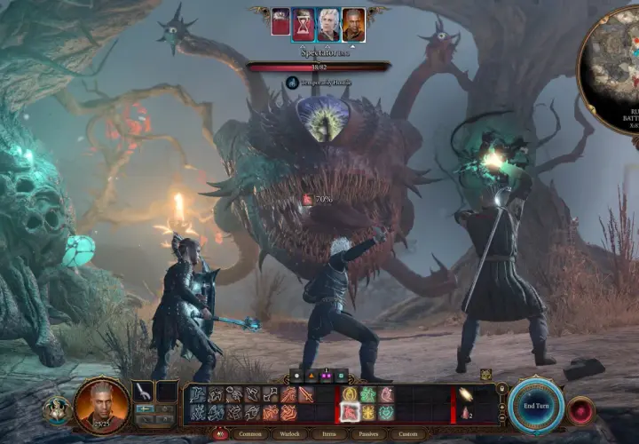 Drużyna w Baldur's Gate III walczy z potężnym potworem na zrujnowanym polu bitwy.