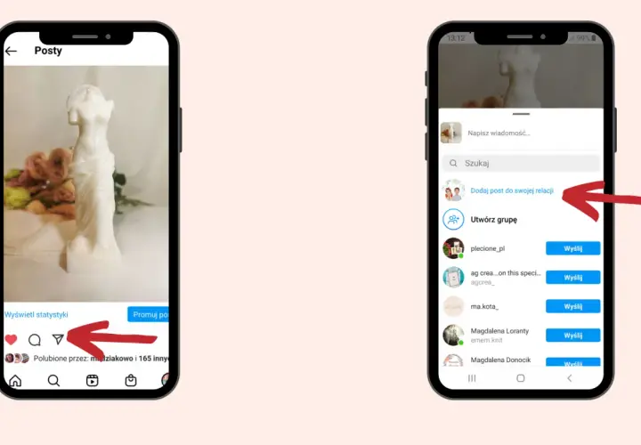 Chcesz wiedzieć, jak udostępnić rolkę na Instagramie? Kliknij ikonę samolotu, a następnie "Dodaj post do swojej relacji".