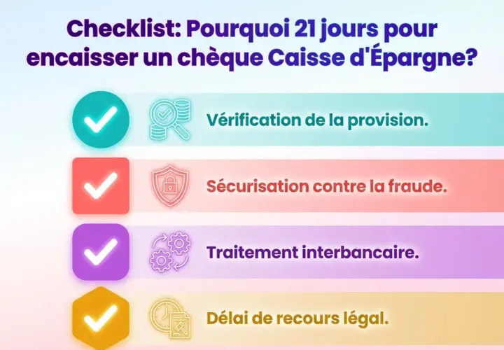 Checklist expliquant pourquoi il faut 21 jours pour encaisser un chèque Caisse d'Épargne : vérification, sécurisation, traitement interbancaire et délai légal.