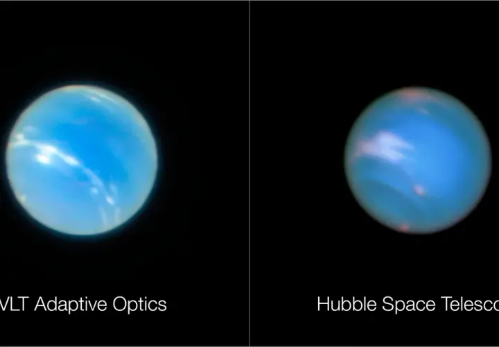 Porównanie zdjęć Neptuna z VLT i Kosmicznego Teleskopu Hubble'a. Widać różnice w szczegółach atmosfery, co może wpływać na odczyt temperatury.