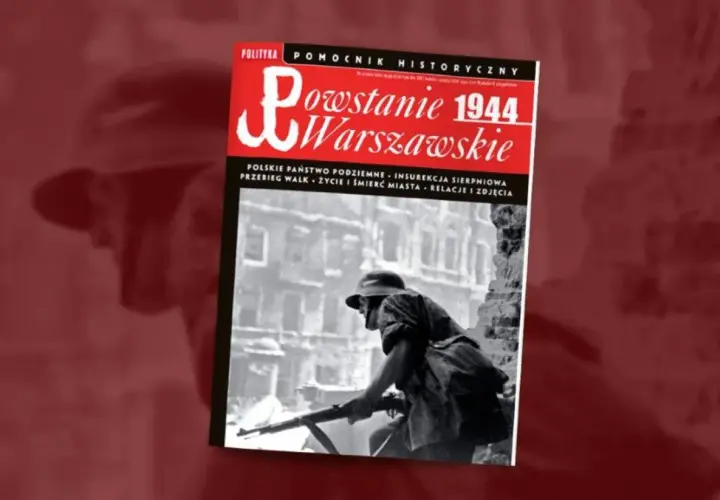 Okładka książki o Powstaniu Warszawskim z żołnierzem i symbolem Polski Walczącej.