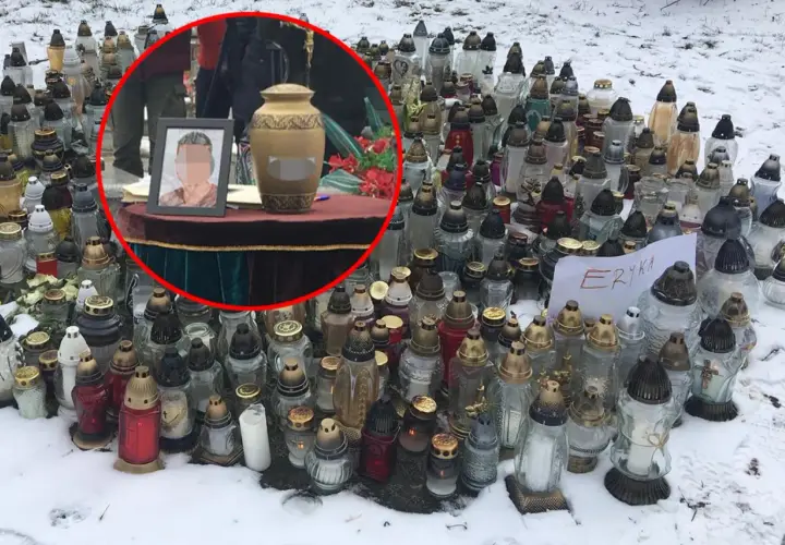 Znicze i urna pogrzebowa na stole, w tle zdjęcie zamazanej osoby.