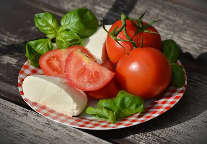 Pomidory, mozzarella i bazylia na talerzu. Czy mozzarella jest dobra na odchudzanie? To składniki lekkiej sałatki.
