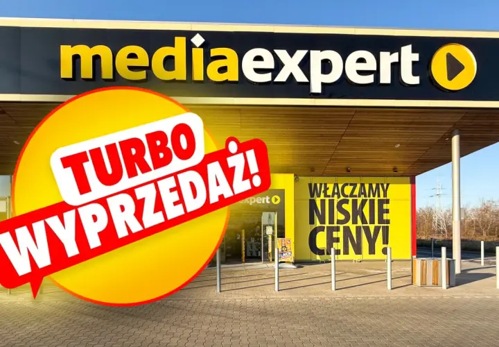 Logo Media Expert z napisem "Turbo wyprzedaż!" i hasłem "Włączamy niskie ceny!".