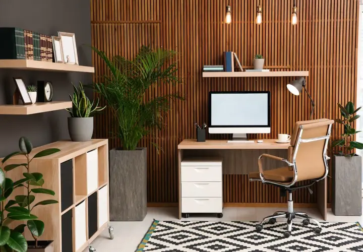 Un accogliente ufficio in casa con scrivania, sedia in pelle, piante e librerie. Idee per un ambiente di lavoro funzionale e rilassante.