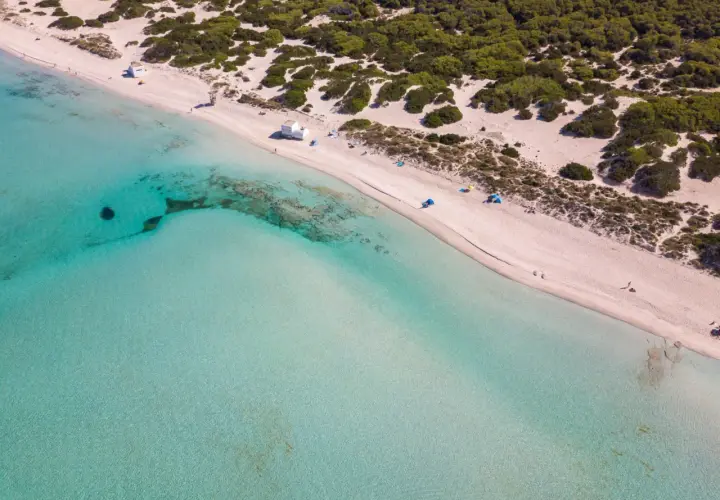 Widok z lotu ptaka na plażę Es Trenc z turkusową wodą i zielonym lasem piniowym w tle.