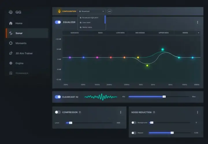 SteelSeries Sonar: Equalizer-Kurve mit verschiedenen Frequenzbändern, Clearcast AI, Kompressor und Rauschunterdrückung.