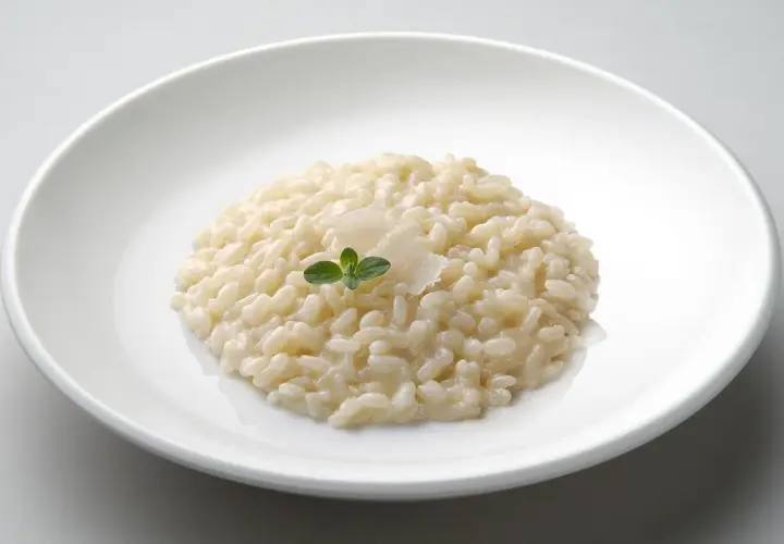 Un cremoso risotto in cagnone, guarnito con parmigiano e una fogliolina verde, servito in un piatto bianco.
