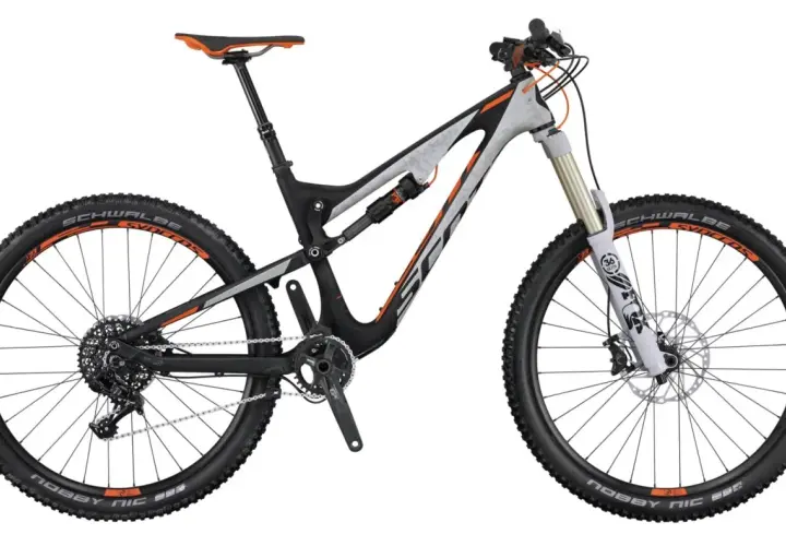 The 2016 Scott Genius mountain bike, ready for any trail with its full suspension and rugged tires.
