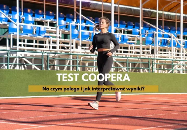 Kobieta biegnie na bieżni stadionu. Na ekranie widnieje napis "TEST COOPERA".