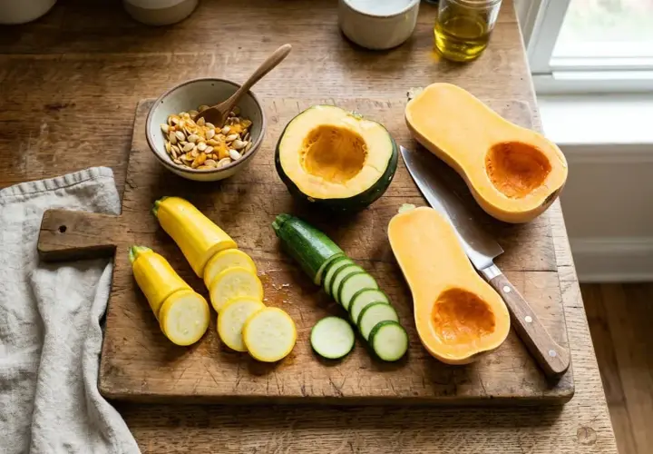 Preparing a healthy meal. Curious if dogs eat squash? This image shows butternut squash, zucchini, and yellow squash, all safe for pups in moderation.