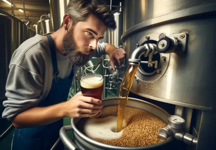 Un brasseur d'eau, barbe grisonnante, observe le liquide ambré couler dans un cuve remplie de grains.
