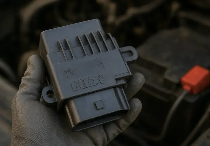 Ręka w rękawiczce trzyma czarny moduł sterujący silnika HDI z logo Citroëna i Peugeota.