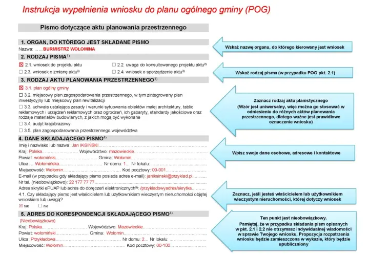 Wypełniony wniosek o pozwolenie na rozbiórkę wzór, z zaznaczonym "plan ogólny gminy" i danymi Jana Iksińskiego.