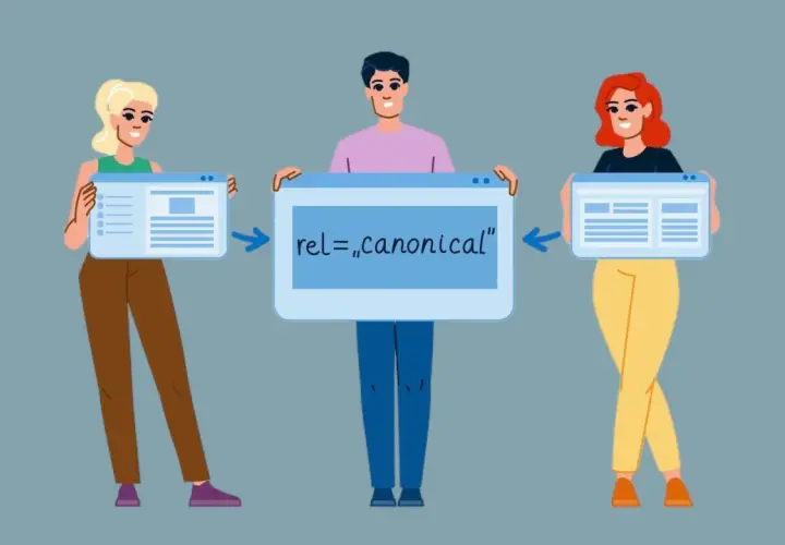 Trzy osoby prezentują ekrany z tekstem "rel=„canonical”", symbolizującym linki kanoniczne.