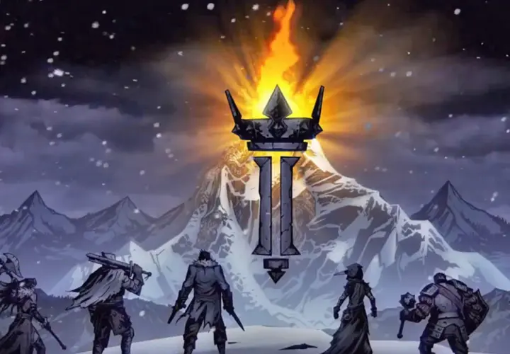 Drużyna bohaterów wyrusza ku płomieniom na szczycie góry w grze Darkest Dungeon II.