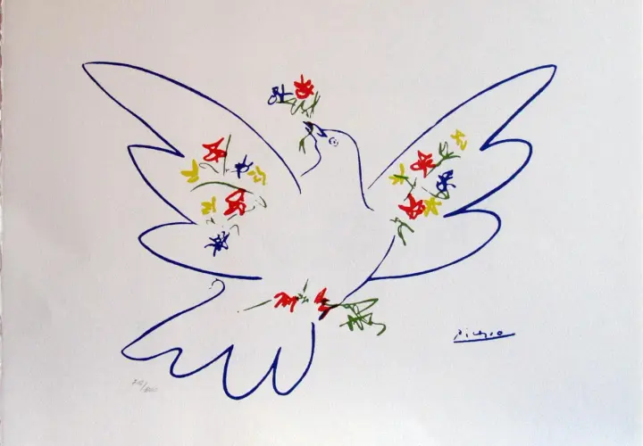 Paloma de la paz de Picasso con flores de colores.