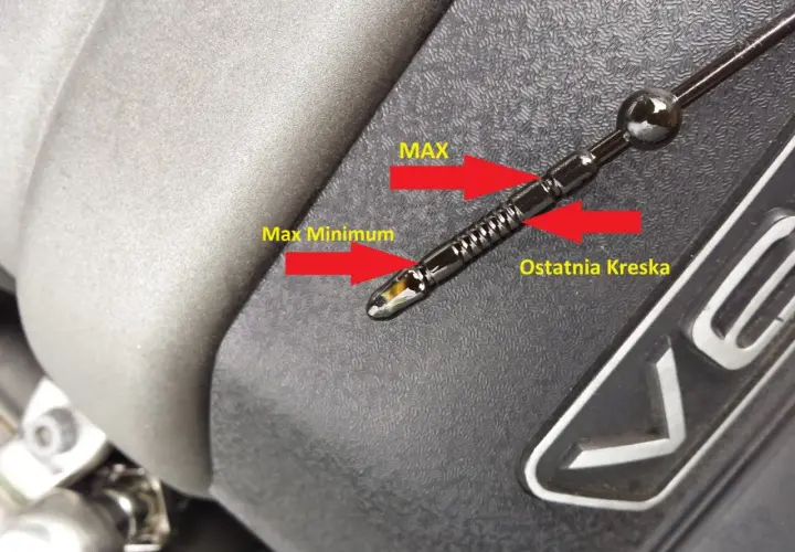 Olej silnikowy na bagnecie znajduje się między oznaczeniami "Max Minimum" a "Ostatnia Kreska", co wskazuje na prawidłowy poziom oleju.