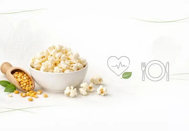 Miseczka popcornu, obok drewniana łyżka z ziarnami kukurydzy. Ikony serca z liściem i talerza z sztućcami sugerują zdrowe przekąski i ich popcorn kcal.