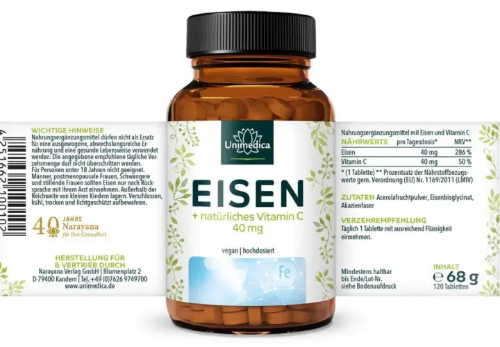 Flasche mit Eisen-Nahrungsergänzungsmittel. Zutatenliste nennt Eisenbisglycinat. Mögliche eisenbisglycinat nebenwirkungen sind nicht aufgeführt.