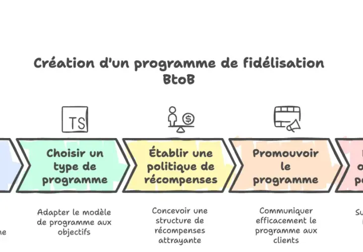 Schéma BtoB : définir objectifs, choisir programme, établir récompenses, promouvoir, mesurer. Une approche pour améliorer la **customer experience**.