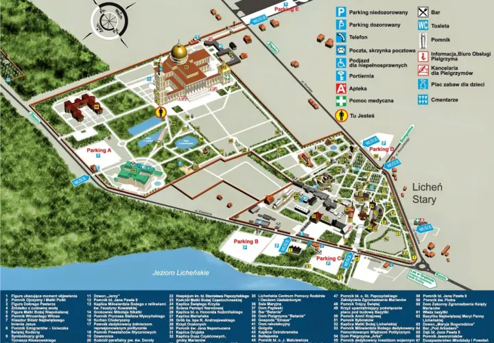 Mapa Sanktuarium w Licheniu. Widać parkingi, bazylikę, jezioro i liczne obiekty pielgrzymkowe. Licheń parking cena nie jest podana.